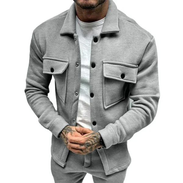 Cozy and Stylish Men's Fleece Jacket Solid Color Lapel Collar Button Up Perfect for Spring Autumn Winter Seasons - Image 2