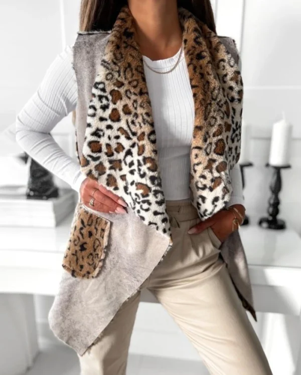 Women's Vest 2024 Autumn Winter Reversible Leopard Pattern Fuzzy Fleece Lined Vest Lapel Sleeveless Casual Coat with Pockets