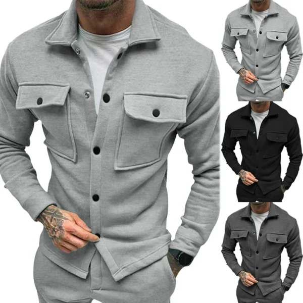 Cozy and Stylish Men's Fleece Jacket Solid Color Lapel Collar Button Up Perfect for Spring Autumn Winter Seasons - Image 6